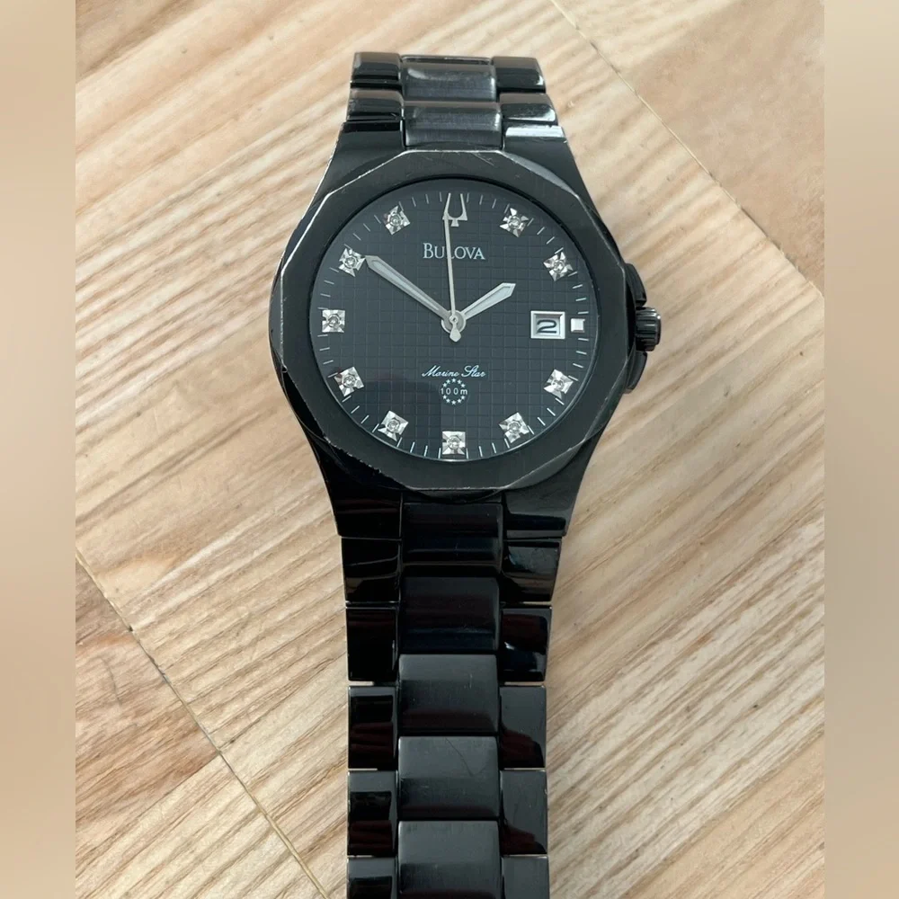Bulova Marine Star Diamond Men’s Watch Black Dial, Case, Bracelet Date Window